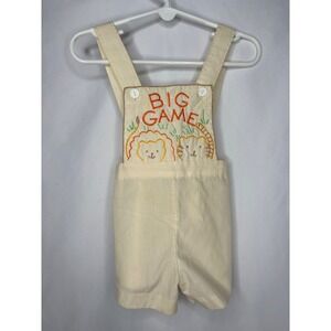 Vintage Mayfair Big Game Lion Tiger Embroidered Overalls Cream 12 Months Safari